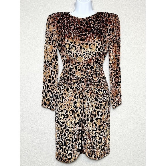 VICKY TIEL Silk Leopard Velvet Burnout Long Sleeve Ruched Fitted Mini Dress XS - Picture 1 of 4